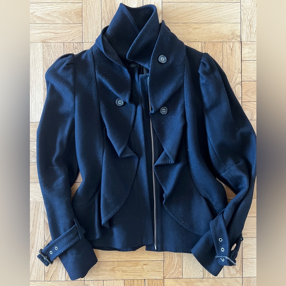 BCBG MAX AZRIA - Black, Fitted, Flutter/Ruffle PEA COAT
